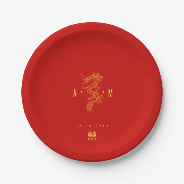 Assiettes En Carton Rouge solide | Double Happy Dragon Monogramme (Devant)