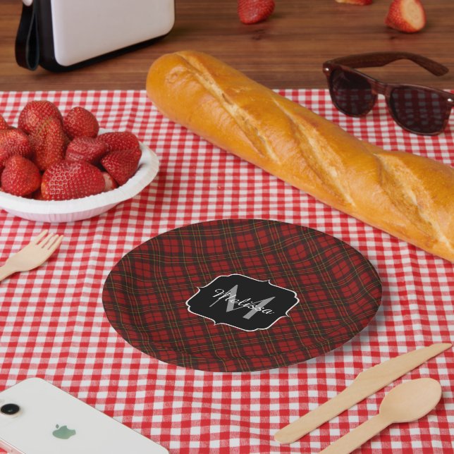 Assiettes En Carton Rouge tartan Noël plaid hiver motif Monogramme (Pique-nique)