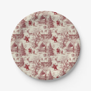 Assiettes En Carton Rouge traditionnel du Père Noël sur Toile De Jouy 