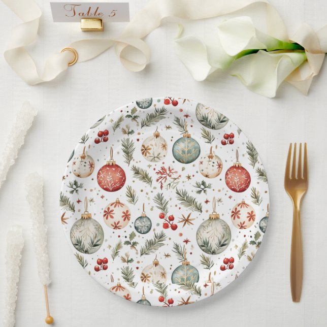 Assiettes En Carton Rouge Vert Noël Ornements de Noël Boho Antique (Mariage)