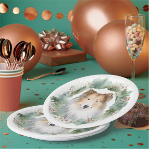 Assiettes En Carton Rough Collie Christmas Wreath Festive Pup