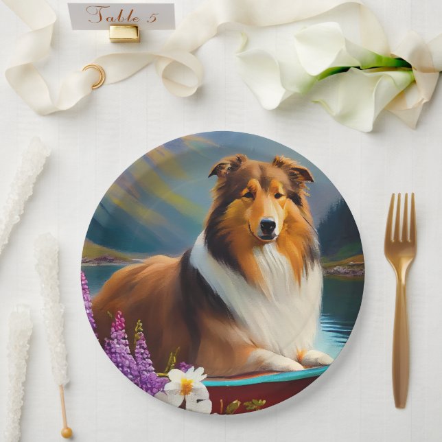 Assiettes En Carton Rough Collie sur une pagaie : une aventure Pittore (Mariage)