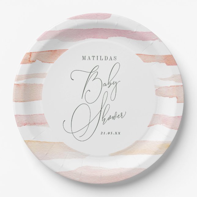 Assiettes En Carton Rougissent le baby shower de rayure d'aquarelle (Devant)