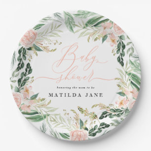 Assiettes En Carton Rougissent le baby shower floral d'aquarelle rose