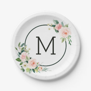 Assiettes En Carton Rougissent le monogramme rose de fleur d'aquarelle