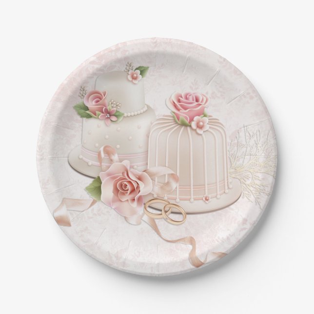 Assiettes En Carton Rougissent les gâteaux de mariage avec des roses (Devant)