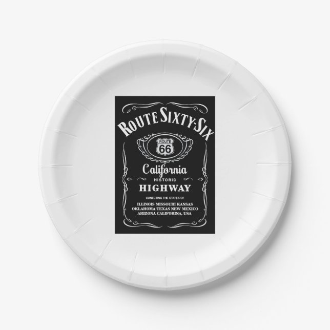 Assiettes En Carton Route 66 Étiquette noir (Devant)