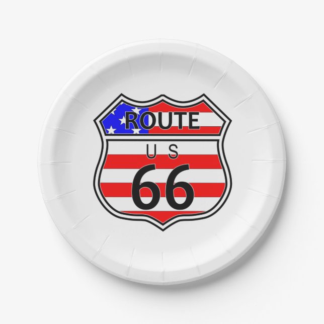 Assiettes En Carton Route 66 Highway Sign With Flag (Devant)