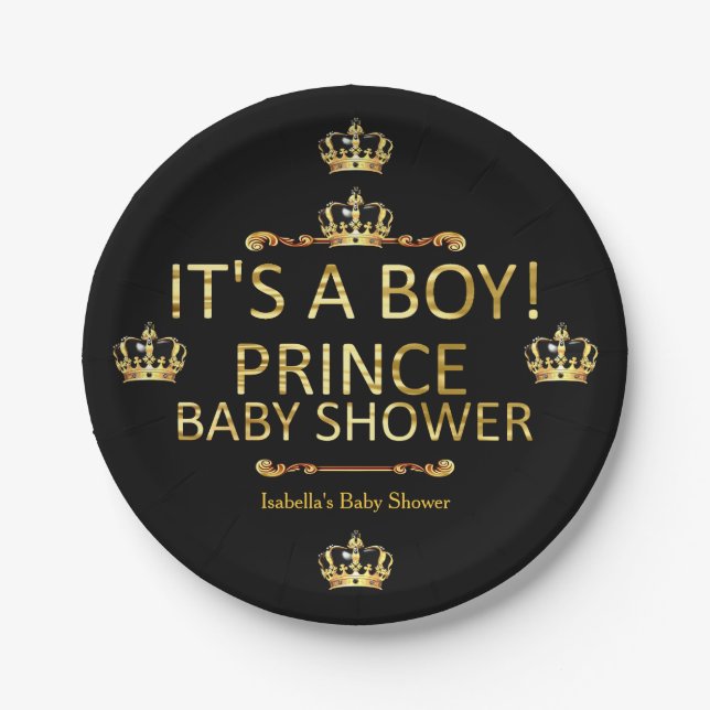 Assiettes En Carton Royal Black Gold Prince Baby shower C'Est Un Garço (Devant)