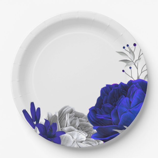 Assiettes En Carton royal bleu & argent fleurs botaniques (Devant)
