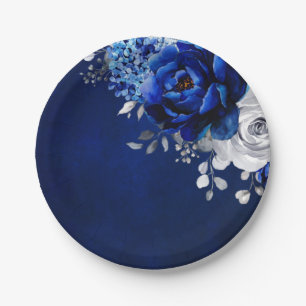 Assiettes En Carton Royal Bleu Blanc Argent Métallique Mariage Floral 