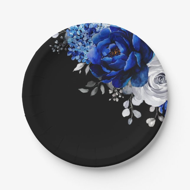 Assiettes En Carton Royal Bleu Blanc Argent Métallique Mariage Floral  (Devant)