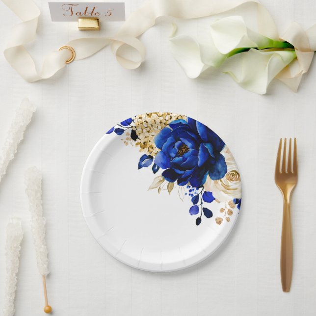 Assiettes En Carton Royal Bleu Jaune Or Mariage métallique Floral (Mariage)
