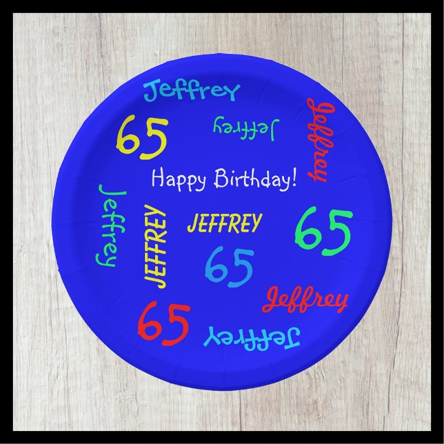 Assiettes En Carton Royal Blue, 65e fête d'anniversaire, noms répétiti (Créateur téléchargé)