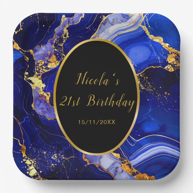 Assiettes En Carton Royal Blue and Gold Marble Agate Birthday Party (Recto)
