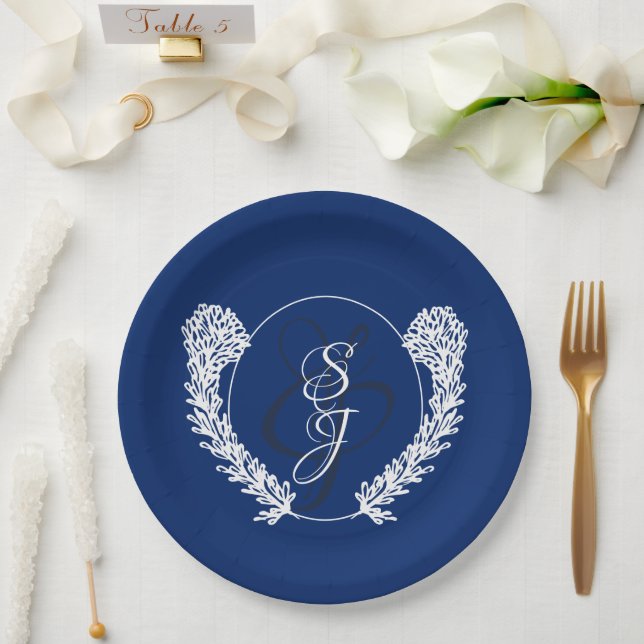 Assiettes En Carton Royal Blue Classic Monogram Mariage (Mariage)