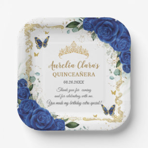 Assiettes En Carton Royal Blue Floral Papillons Or Quinceañera 16