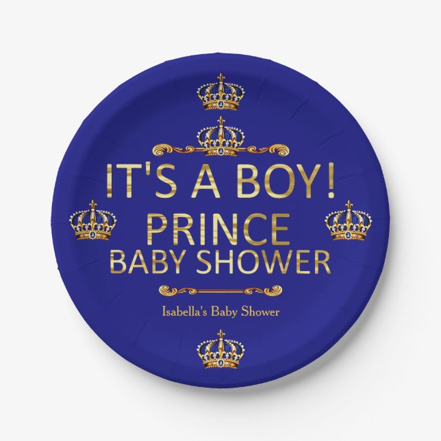 Assiettes En Carton Royal Blue Gold Prince Baby shower C'Est Un Garçon (Devant)