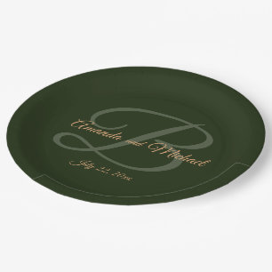 Assiettes En Carton Royal Dark Green Feuille Gold Frame Mariage