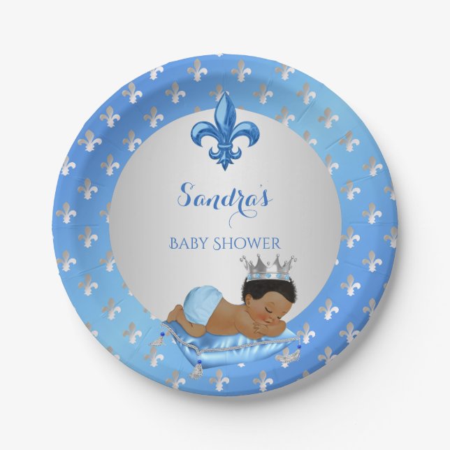 Assiettes En Carton Royal Prince Bébé Bleu Argent Fleur de Lis (Devant)