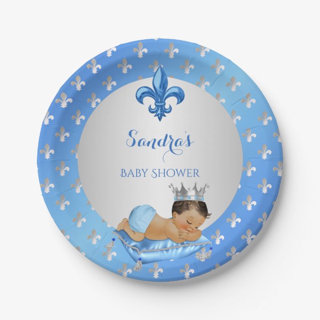 Assiettes En Carton Royal Prince Bébé Bleu Argent Fleur de Lis (Devant)