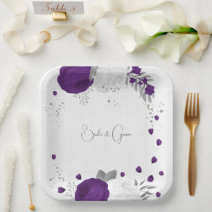 Assiettes En Carton royal violet & blanc fleurs argenté plaques de pap