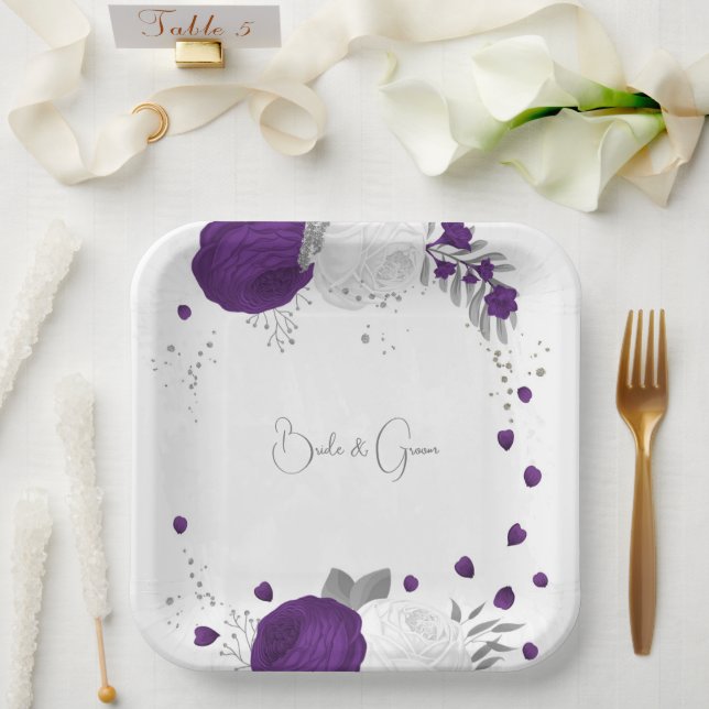 Assiettes En Carton royal violet & blanc fleurs argenté plaques de pap (Mariage)