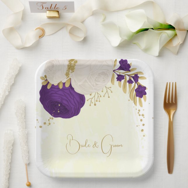 Assiettes En Carton royal violet & fleurs blanches or (Mariage)