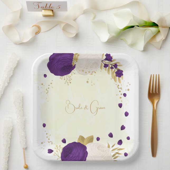 Assiettes En Carton royal violet & fleurs blanches or (Mariage)