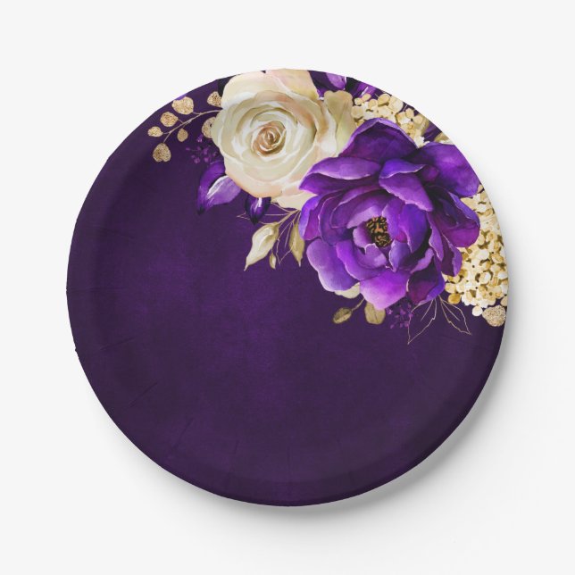 Assiettes En Carton Royal violet violet or Floral Mariage botanique (Devant)