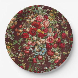 Assiettes En Carton Ruban à motif floral de rose victorienne bordeaux