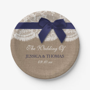Assiettes En Carton Ruban Navy sur Mariage Mariage Toile de Jute et De