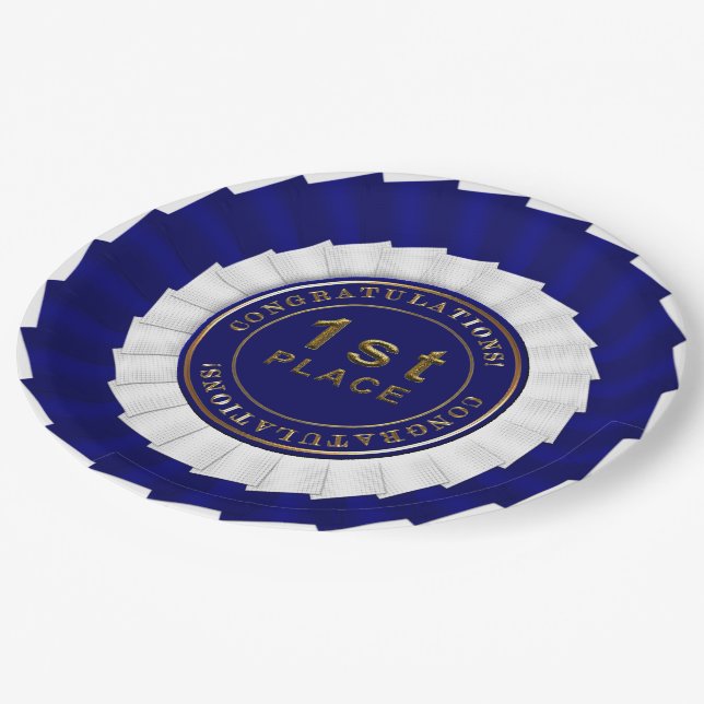 Assiettes En Carton Ruban Primé, Bleu-Blanc-1ère Plaque Papier de Plac (Angle)