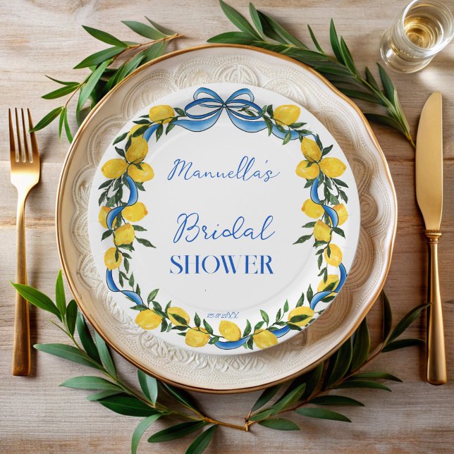 Assiettes En Carton Rubans à nœud bleu citrons douche de mariée monogr (Lemons blue bow ribbon citrus Italian bridal shower monogrammed paper plates personalized decor)