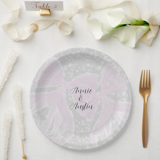Assiettes En Carton Rubans rose coquette en voile (Mariage)