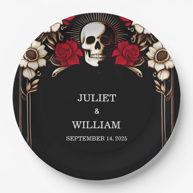 Assiettes En Carton Ruby épais Claret Blanc Coeur Rouge Noir Mariage (Devant)