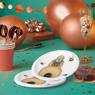 Assiettes En Carton Ruche d'abeille avec fleur bleue et abeilles