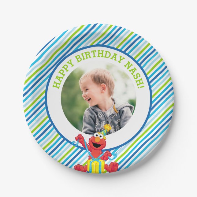 Assiettes En Carton Rue Sésame | Elmo - Garçons Anniversaire rayé (Devant)