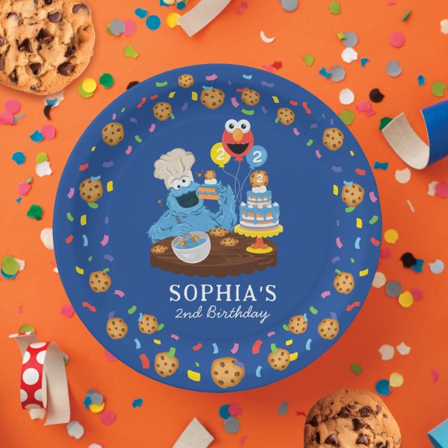 Assiettes En Carton Rue Sésame | Gâteau d'anniversaire du Cookie Monst (Plate on table)