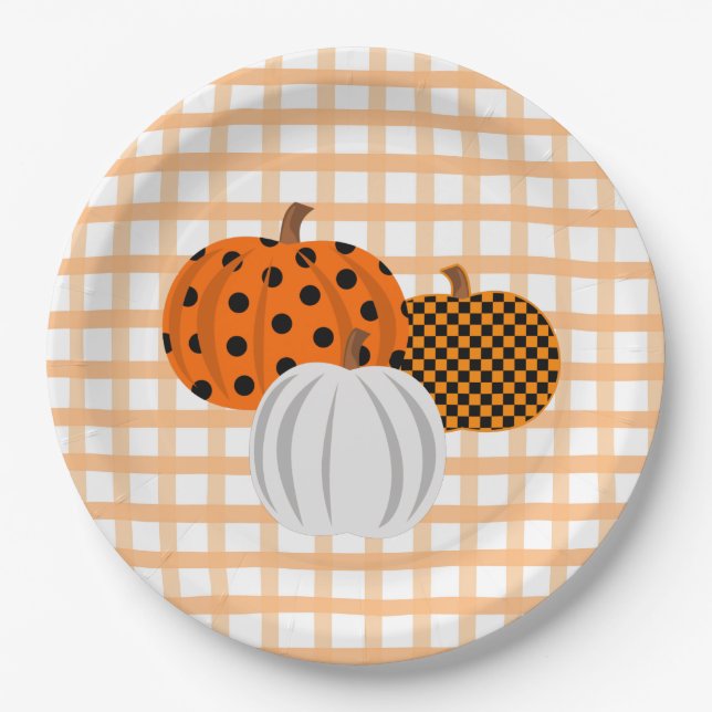 Assiettes En Carton Russe Automne Citrouille Orange Plaid Thanksgiving (Devant)