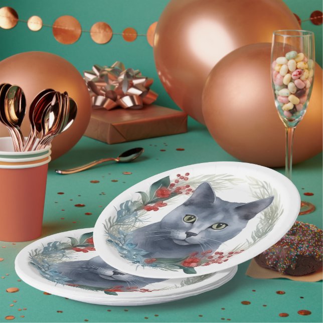 Assiettes En Carton Russe Blue Chat Noël Wreath Festive Kitten (Multi)