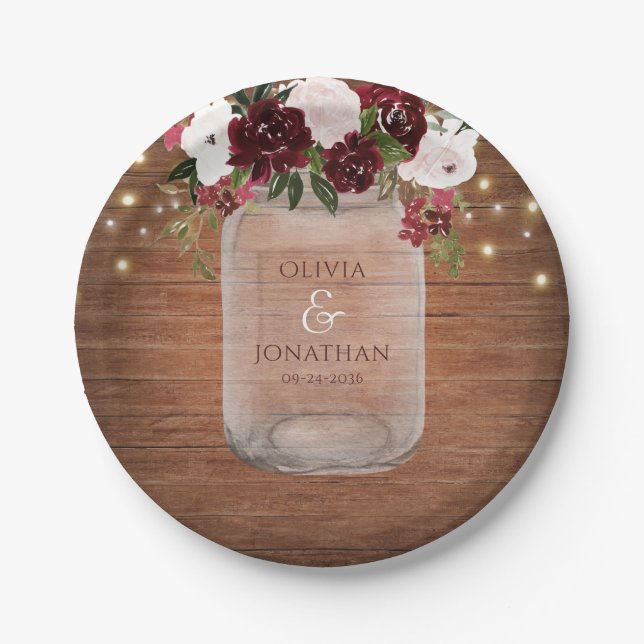 Assiettes En Carton Russe Bourgogne Floral Mason Jar Mariage (Devant)
