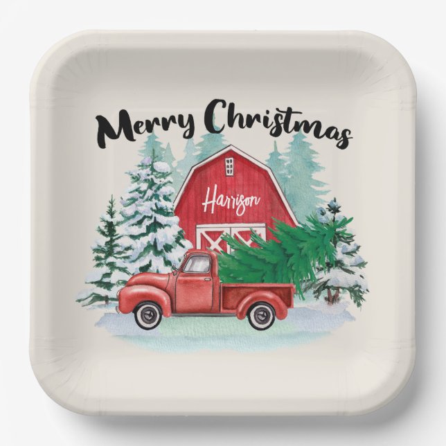 Assiettes En Carton Russe Camion Rouge Ferme Carré de Noël (Recto)