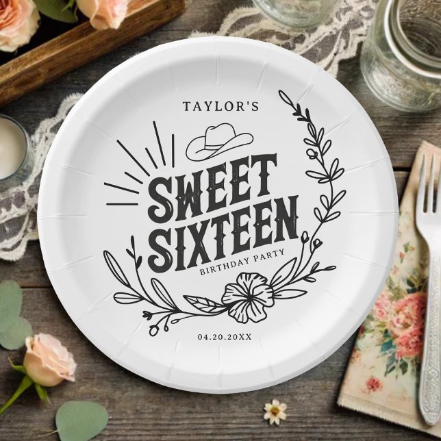Assiettes En Carton Russe Cowgirl Floral Sweet sixteen fête d'annivers (Rustic cowgirl sweet sixteen paper plate with floral design and western hat accent.)
