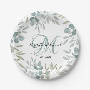 Assiettes En Carton Russe Eucalyptus Sage Vert Mariage d'aquarelle