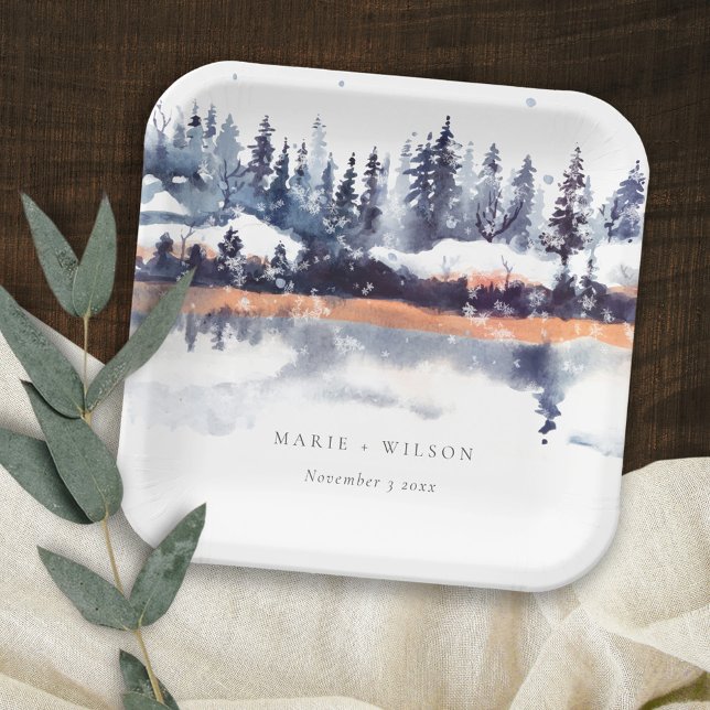 Assiettes En Carton Rust Navy Winter Pine Forest Mariage de neige (Créateur téléchargé)
