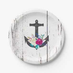 Assiettes En Carton Rustic Beach Anchor & Bold Floral Summer Nautical