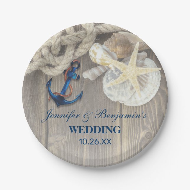 Assiettes En Carton Rustic Beach Shell Navy Ancre Mariage nautique (Devant)