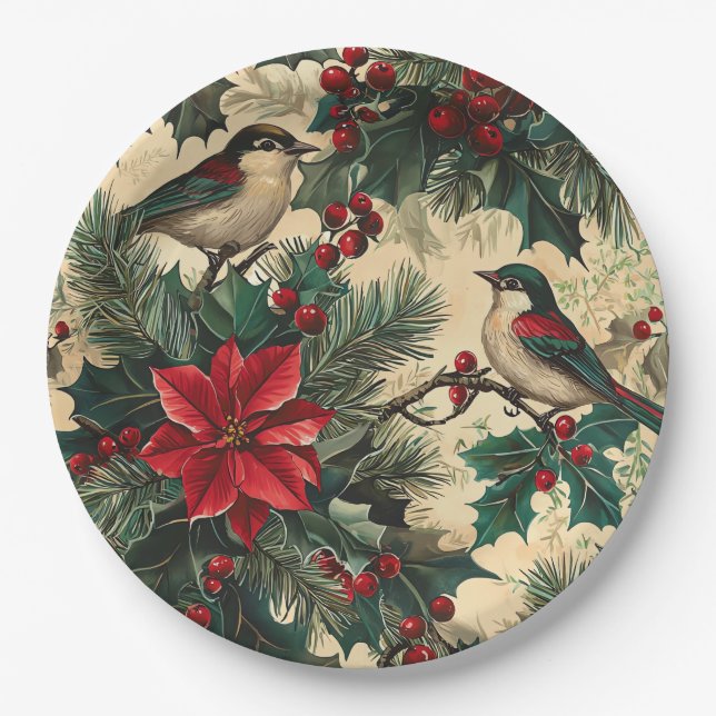 Assiettes En Carton Rustic Bird et Poinsettia Motif de Noël (13) (Devant)