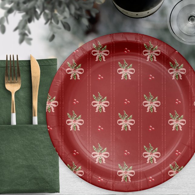 Assiettes En Carton Rustic Botanical Holiday (Rustic Red Botanical Bows Christmas Paper Plates | Holiday Table Décor by Painted Paperie)